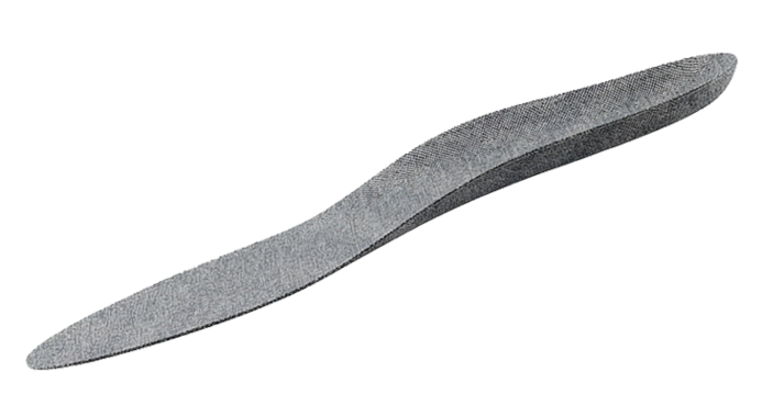 Einzelne orthopädische Einlage aus grauem Textilobermaterial, seitliche Schrägansicht